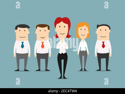 Équipe d'affaires de gestionnaires réussis, dirigée par une femme d'affaires confiante. Concept commercial pour le travail d'équipe, le personnel de bureau, les ressources humaines, le leadership et Illustration de Vecteur