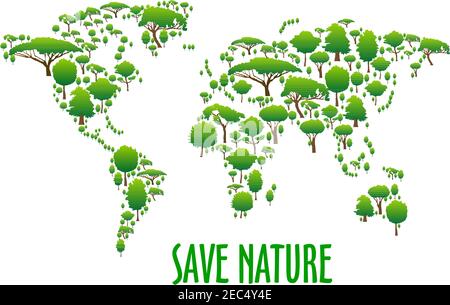 Symbole abstrait de la carte du monde composé d'icônes d'arbres et de buissons verts avec la légende Enregistrer la nature ci-dessous. Utilisation comme infographies écologiques et thème du jour de la terre d Illustration de Vecteur