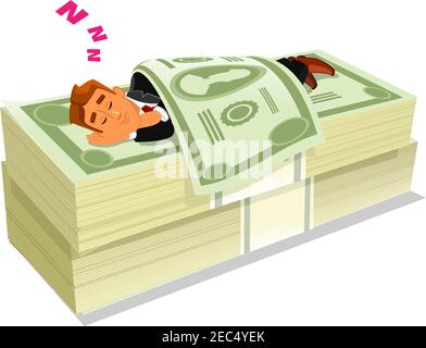 Homme d'affaires de dessin animé en costume dormant ou napping sur paquet ou pile d'argent ou d'argent. Concept de placement d'actions réussi ou de revenu passif, riche et W Illustration de Vecteur