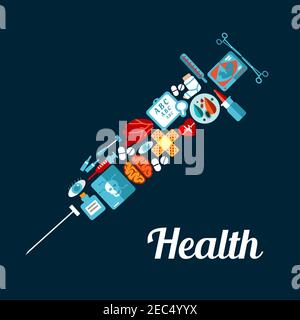 Symbole de santé et de médecine avec icônes plates de pilules, coeurs, cerveau, yeux, compte-gouttes, thermomètre, échographie de bébé, rayons X du crâne, instruments médicaux, Illustration de Vecteur