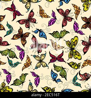 Papillons tropicaux motif sans couture avec des insectes volant d'été, orné par des ornements de lignes tourbillonnantes sur fond délicat pêche Illustration de Vecteur