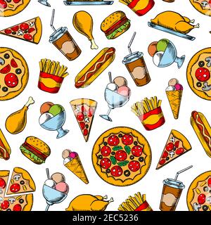 Les dessins rétro sans couture des plats de restauration rapide sont composés de hamburgers, hot dogs et tasses de café, pizza au pepperoni, frites et frits chics Illustration de Vecteur