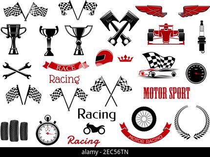 Éléments de conception ou ensemble d'icônes isolées pour le motosport et la course. Drapeaux à carreaux et coupe ou bol gagnant, voitures de formule 1 ou F1 et clé ou lance Illustration de Vecteur