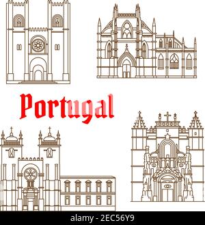 Les monuments portugais de voyage de l'architecture religieuse symbole de ligne mince avec le monastère gothique de Batalha, la cathédrale romane de Porto, patriarcal catholique Illustration de Vecteur