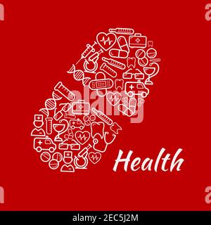 Médecins, cœurs, pilules et seringues, stéthoscopes, thermomètres et microscopes, ambulances, trousses de premiers soins, hélices dentaires et ADN, test de laboratoire tu Illustration de Vecteur