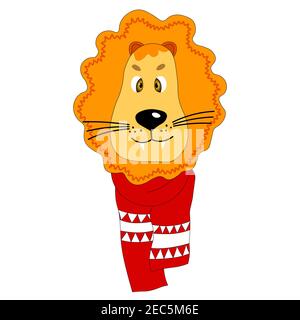 Joli motif lion vectoriel coloré dans un foulard d'hiver. Un objet sur fond blanc. Illustration plate de dessin animé. Emoji animal drôle. Sourire embarrassé Illustration de Vecteur