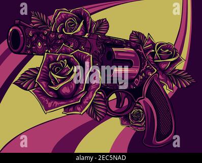 illustration vectorielle du revolver colt avec des roses Illustration de Vecteur