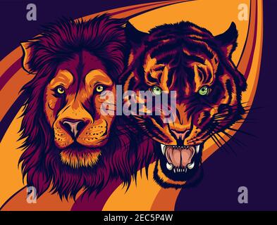 Illustration du vecteur Angry Male Lion contre Angry Tiger. Illustration de Vecteur