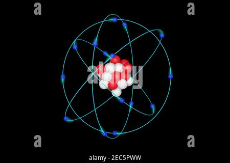 Atom. Modèle de structure atomique avec noyau, électrons et orbites isolés sur fond noir. illustration 3d. Banque D'Images