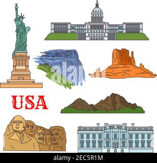 Les États-Unis Voyage monuments de la culture, l'histoire et la nature icône mince avec la statue de la liberté, le Grand Canyon, le Capitole des États-Unis, les chutes du Niagara, Rus Illustration de Vecteur