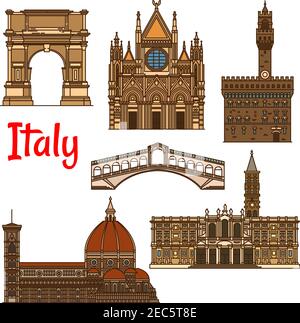 Monuments historiques italiens avec la cathédrale linéaire de Florence, l'église de Santa Maria Maggiore, la cathédrale de Sienne, le pont du Rialto, l'ancienne arche de Illustration de Vecteur