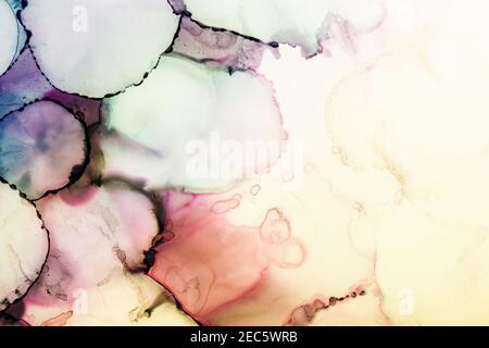 Magnifique arrière-plan abstrait créé avec des encres à base d'alcool. Tons pastel de jaune, rose, vert et mauve. Espace pour le texte. Banque D'Images