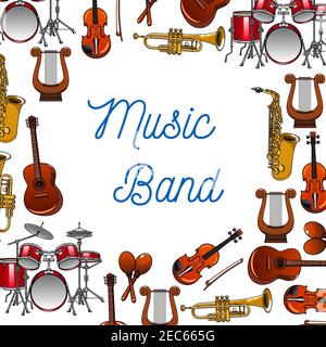 Instruments de musique fond de guitares, violons, tambours, trompettes, saxophones, maracas et lyres avec légende Music Band au centre. Utiliser comme musique Illustration de Vecteur