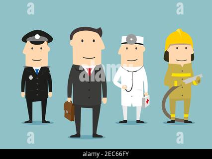 Profession professionnelle des personnages humains. Policier, médecin, pompier, avocat en uniforme. Personnes professions icônes vectorielles Illustration de Vecteur