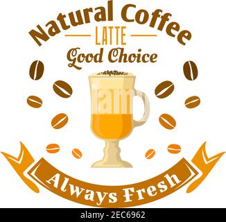 Symbole de dessin animé rétro du café ou du café pour panneau ou tasse à café à emporter avec badge rond en verre de latte macchiato, orné d'un café Illustration de Vecteur