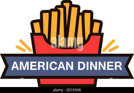 Badge rétro pour le dîner américain avec boîte en papier rouge à emporter de frites. Utiliser comme menu de fast food café ou de la conception de service de livraison de nourriture. Li. Fin Illustration de Vecteur