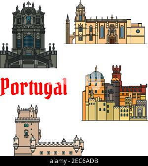 Sites historiques et bâtiments du Portugal. Vecteur icônes détaillées du Monastère de Jeronimos, Monastère de Hieronymites, Tour de Belem, Eglise de Clerigos, P Illustration de Vecteur