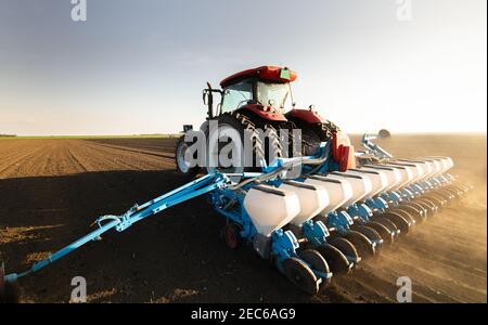 Agriculteur avec ensemencement de tracteur - semis de récoltes dans un champ agricole. Plantes, blé. Banque D'Images