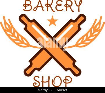 Boutique de boulangerie signe de rouleaux croisés en bois avec des oreilles de céréales, couronné par l'étoile. Utilisation du logo de boulangerie stylisé rétro ou du menu de pâtisserie Illustration de Vecteur