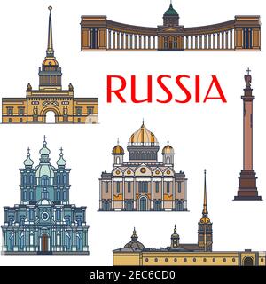 Sites historiques et bâtiments de la Russie. Architecture vectorielle icônes détaillées de l'Amirauté, colonne Alexander, place du Palais, cathédrale Kazan, CHRI Illustration de Vecteur