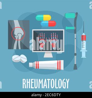 Rhématologie icône plate des principes de diagnostic et de traitement des maladies rhumatismales avec des symboles des radiographies de l'articulation du genou et des mains avec arthrite, Illustration de Vecteur