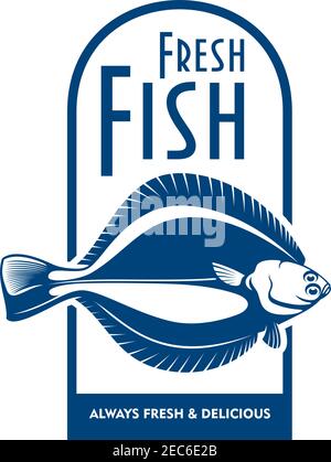 Icône de fruits de mer du bateau pour le label du marché du poisson ou logo de café en bord de mer avec bleu et blanc symbole du poisson flet d'hiver Illustration de Vecteur