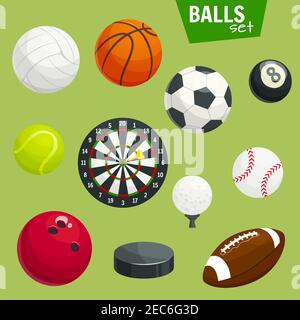Jeux d'icônes de ballons de sport. Accessoires de jeux de sport. Éléments graphiques de rugby, football, football, baseball, basket-ball, tennis, golf, palet de hockey, Bowlin Illustration de Vecteur