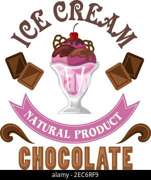 Icône de dessert glace à la cerise servie dans un grand verre avec sauce au chocolat, garnitures et cerise maraschino sur le dessus. Sundae fruités, encerclés par le choco Illustration de Vecteur