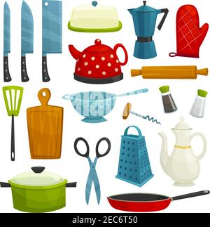 Ustensiles de cuisine icônes isolées. Ustensiles de cuisine et couverts hache, couteau, cafetière, bouilloire, pichet, spatule, planche à découper, râpe, ciseaux, fryi Illustration de Vecteur