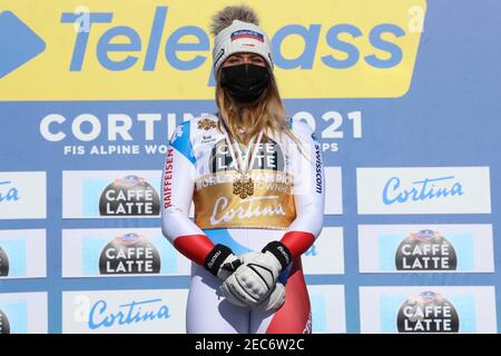 Olympia delle Tofane, Cortina (BL), Italie, 13 février 2021, SUTER Corinne (SUI) Médaille d'or lors des Championnats du monde DE SKI alpin 2021 FIS - descente - femmes, course de ski alpin - photo Sergio Bisi / LM Banque D'Images