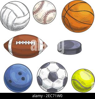 Jeu de ballons de sport. Illustration crayon de couleur dessiné à la main. Croquis vectoriels des icônes des accessoires de jeu de sport. Dessins de balles à main levée pour le rugby, la nacelle Illustration de Vecteur