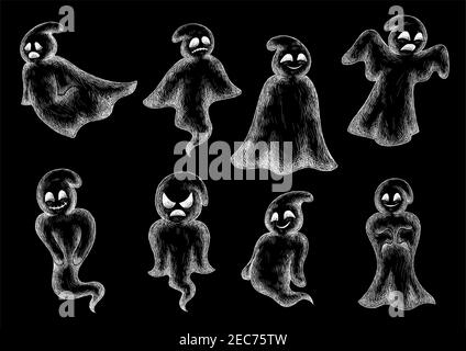 Halloween fantômes amusants icônes de craie. De jolis livres de dessin animé sur un tableau noir. Personnages de craie artistique Illustration de Vecteur