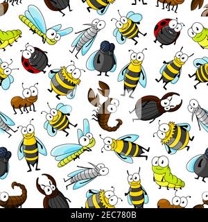 Dessin animé mignon souriant insectes et insectes. Papier peint amusant sans couture pour enfants avec des personnages vectoriels colorés de bourdon, abeille, moustique, chenille, coccinelle, Illustration de Vecteur