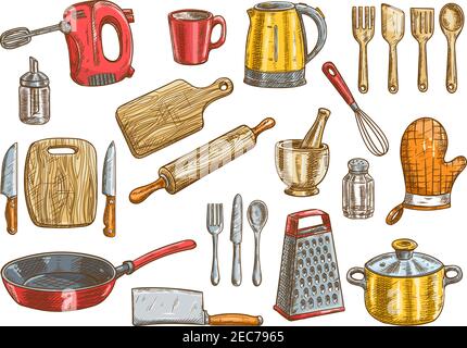 Ensemble d'outils de cuisine Vector. Ustensiles de cuisine appareils vecteur éléments isolés. Icônes des ustensiles de cuisine et des couverts Illustration de Vecteur