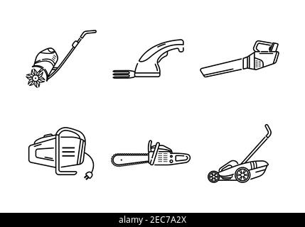 Un ensemble d'outils électriques de jardin. Icônes de jardin. Logo Lineart. Illustration de Vecteur