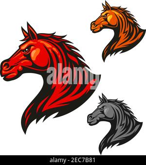Icône en forme de cheval furieux. Emblèmes stylisés représentant un vecteur de stalinon flamboyant. Symbole mustang puissant et agressif pour emblème du club de sport, écusson de l'équipe, l Illustration de Vecteur