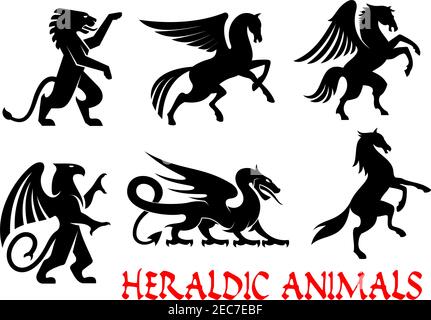 Icônes d'animaux héraldiques. Pegasus, Griffin, Dragon, Lion, Horse, Unicorn contour silhouettes pour tatouage, heraldry ou emblème de bouclier tribal. Fantasy gothi Illustration de Vecteur