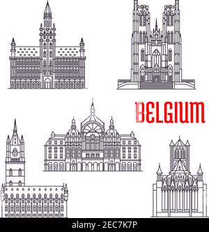 Célèbres bâtiments historiques de Belgique. Vector Sthin Line Icons of Town Hall, Michael and Gudula Cathedral, Cloth Hall, Central Station, Peter Church Leu Illustration de Vecteur