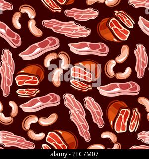 Saucisses et tranches de bacon fond sans couture. Papier peint avec motif de saucisse, bacon, viande fumée pour le menu du restaurant, épicerie, forfait repas Illustration de Vecteur