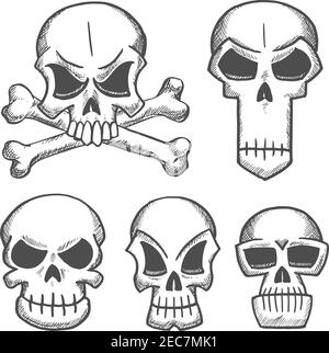 Crânes et crânes avec icônes crossbone. Croquis de crayon vectoriel emblèmes pour dessin animé, étiquette, tatouage, décoration d'halloween Illustration de Vecteur