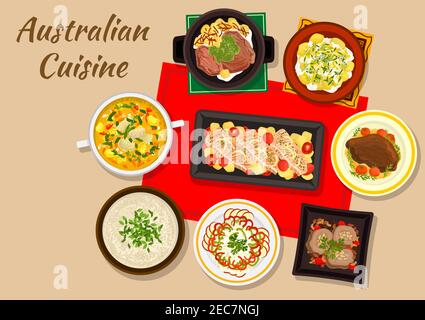 Cuisine australienne icône du dîner avec saumon au four, steak de bœuf, soupe à la crème de poulet avec amande, petits pains de bœuf avec noix, salade de pommes de terre, fruits et légumes Illustration de Vecteur