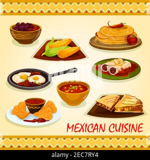 Cuisine mexicaine plats épicés icône avec tortillas, burrito, tortillas avec bœuf et légumes, nacho avec sauce tomate salsa, maïs bouilli, b Illustration de Vecteur