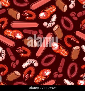 Saucisses et charcuterie fond sans couture. Papier peint avec des icônes de motifs vectoriels de salami, pepperoni, wurst, meatloaf, bratwurst pour l'épicerie s. Illustration de Vecteur