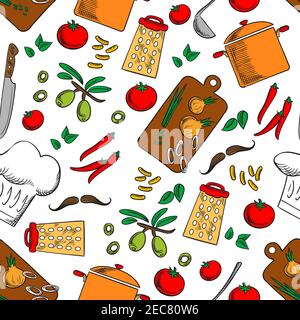 Produits de cuisine et ustensiles de cuisine fond sans couture. Papier peint avec motifs vectoriels icônes de poivre, tomate, olives, casserole, oignon tranché, knif Illustration de Vecteur