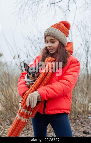 Fille et chien en tenues hivernales. Adolescente en veste, chapeau et foulard orange. Fille et chihuahua Banque D'Images