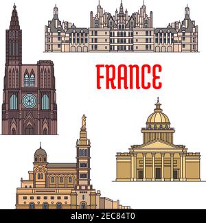 Visitez les sites de la France en ligne fine avec la basilique catholique notre-Dame de la Garde, la cathédrale gothique de Rouen, la basilique Saint-Pierre et la résidence royale Illustration de Vecteur