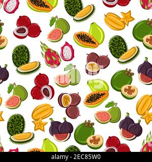 Fruits tropicaux frais et doux fond sans couture avec motif de durian exotique, fruits étoiles, papaye, fruit dragon, figue, feijoa, goyave, fruit de la passion Illustration de Vecteur