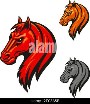 Emblème de la tête de cheval aux yeux noirs féroces. Puissant et agressif mustang Vector Icon pour hippodrome, emblème de club de sport, écusson d'équipe, badge, étiquette, tatouage Illustration de Vecteur