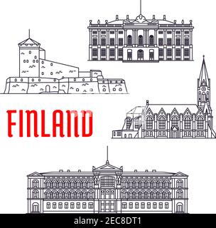 Voyage sites de la Finlande et du Danemark icône de ligne mince avec la forteresse de mer Sveaborg, l'église luthérienne de Kotka, le musée d'art Ateneum et le palais de la r danoise Illustration de Vecteur