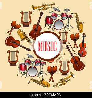 Affiche musicale avec instruments de musique à vent et cordes. Écriteau musical avec icônes détaillées de saxophone, piano, harpe, batterie, maracas, guitare, violon, Illustration de Vecteur